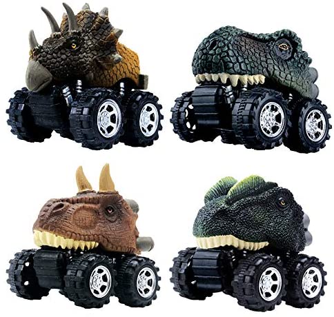DINOBROS Pull Back Dinosaur Car Toys 4 Pack Dino Toys for 3 Year Old Boys and Toddlers T-Rex Dinosaur Games Monster Trucks