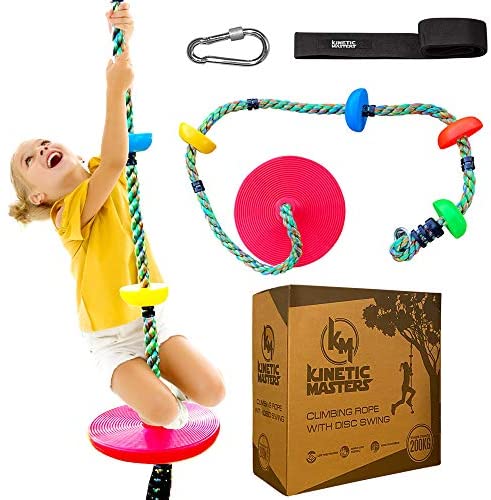 KineticMasters Tree Swing Disc - 440 lb Weight Capacity - Climbing Rope Swing Set with Platforms and Disk - Playground Swingset Accessories Outdoor for Kids - Adjustable Length Disc Swing for Tree