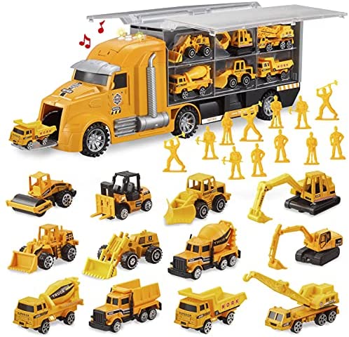 JOYIN 14 in 1 Die-cast Construction Truck Vehicle Toy Set, Play Vehicles Set with Sounds and Lights in Carrier Truck, Push and Go Vehicle Car Toy, Kids Birthday Gifts for Over 3 Years Old Boys