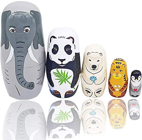 Russian Nesting Dolls Matryoshka Dolls Panda Polar Bear Elephant Penguin Tiger Wooden Stacking Dolls for Kids Handmade Cute Cartoon Animals Nesting Dolls for Birthday Gift Set of 5pices Arita