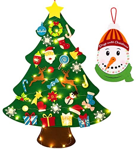 3ft DIY Lighted Felt Christmas Tree Set Plus Snowman Advent Calendar - Xmas Decorations Wall Hanging 33 Ornaments Kids Gift with String Light (Batteries Not Included)