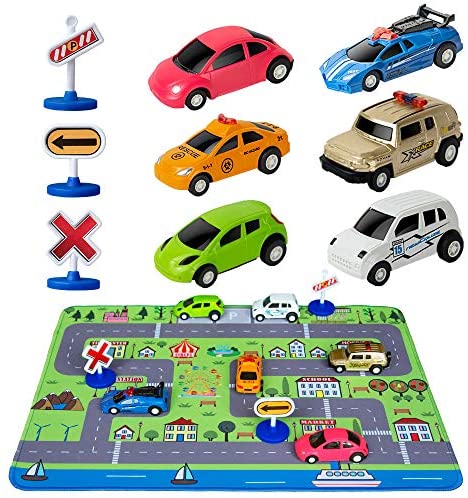 Car Toys with Play Mat, 6 Toy Cars, 3 Road Signs, 14