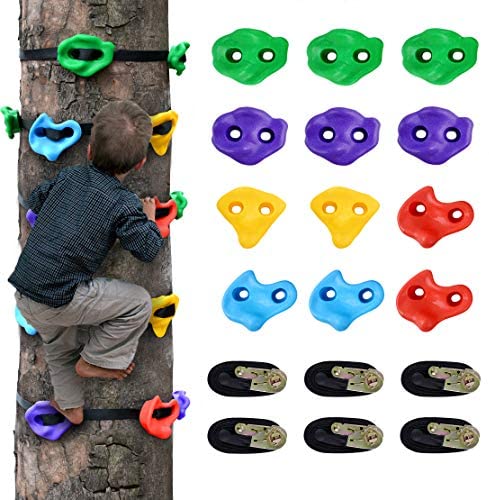 12 Ninja Tree Climbing Holds for Kids Climber, Adult Climbing Rocks with 6 Ratchet Straps for Outdoor Ninja Warrior Obstacle Course Training