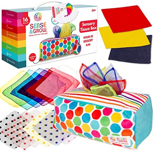 Sense & Grow Sensory Magic Tissue Box- Toddler, Infant, Baby Tissue Box- Juggling Rainbow Scarves for Kids- STEM Montessori Educational Preschool Learning Toy- Sensory Toy for Kids 5 Months+