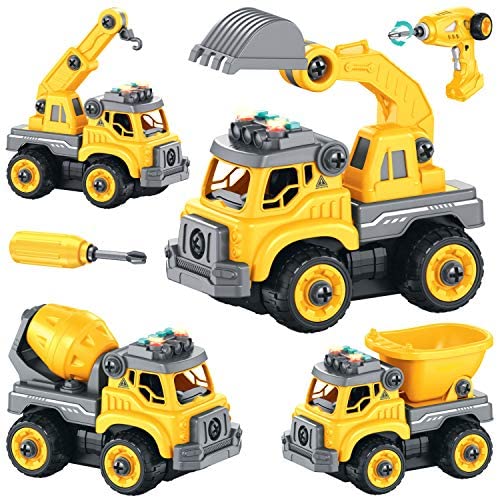 Take Apart Toys with Electric Drill RC| Construction Trucks Set 4 in 1 with 360° Remote Control, Sounds & Lights, Rechargeable Battery, 36Pcs DIY STEM Toys for 4 5 6 7 Year Old Boys or Girls