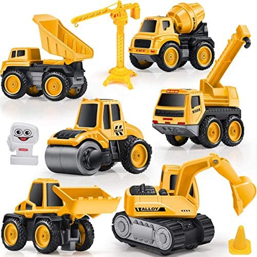 Construction Cars for Boys, Geyiie Kids Small Trucks Toys Construction Vehicles Playset Alloy Truck Head, Excavator Digger Bulldozer Dump Crane Toys for Toddler Snow Toys Sandbox Christmas Party Favor