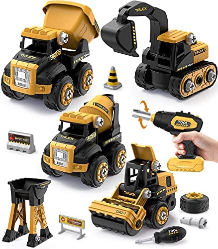 Construction Truck Building Toys, Geyiie Take Apart Truck DIY Vehicles with Electric Drill, Excavator Digger Dump Cement STEM Assemble Toys for Kids Toddler 3-8 Years Old, Halloween Party Favor Gifts