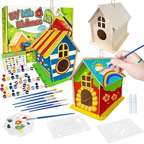 DIY Bird House Kit, 3 Packs Wooden Doodle Birdhouses Set, Arts Crafts Gifts for Age 4-8+ Years Old Girls Boys, Build & Paint Wooden Arts and Painting Craft Toys with Paints & Brushes for Kids Adults