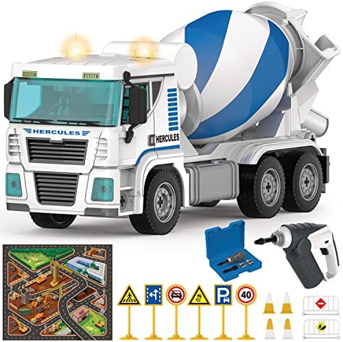 Construction Cement Truck Playset - 106 Pcs STEM Toys Take Apart Toy with Drill Tool, Friction Power Push & Go Lights & Sounds for Kids - Vehicle for Boys Ages 4 5 6 7 8 Years Old