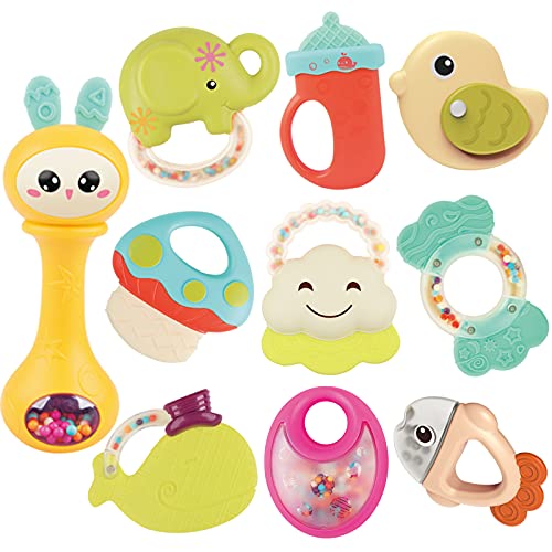 Baby Rattle Teething Toys for Babies 0-6-12 Months 10Pcs, Early Educational Infant Toys Gift Set for Baby Boy Girl 3-6 Months, Newborn Sensory Toys Teether, Grab Shaker, Spin Rattle with Storage Box