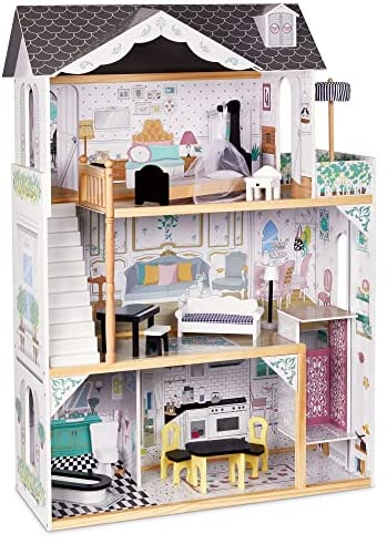 Jumbl Kids Wooden Dollhouse, with Elevator, Balcony & Stairs, Accessories & Furniture Included X-Large 3 Story Easy to Assemble Doll House Toy