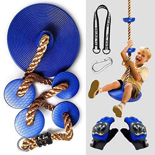 SSBRIGHT Kids Climbing Rope Knotted Tree Swing Ladder with Dis Swing Seat/Foot Hold Platforms, Climbing Gloves, Hanging Strap and Carabiner for Outdoor Tree Backyard Playground Swing