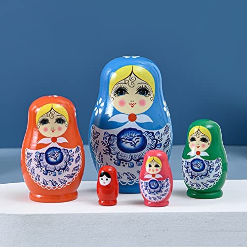 FinerMe Fine Work Russian Nesting Dolls Matryoshka Wood Stacking Nested Set 5 Pieces Handmade Toys for Children Kids Christmas Birthday Home Decoration (Color F..)