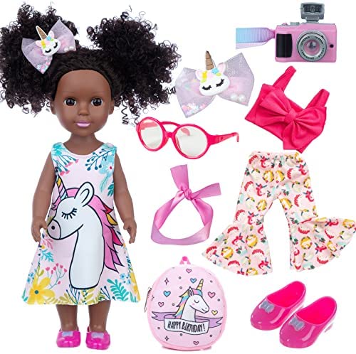 ZQDOLL Black Doll and Black Baby Doll Clothes 14.5 inch African American Silicone Girl Doll with 2 Sets Clothes and Travel Equipment Camera Backpack Glasses etc - Best Gift for Kids Girls
