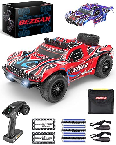 BEZGAR HS101 Hobby Grade 1:10 Scale Remote Control Truck 4WD Top Speed 40+ Km/h All Terrains Electric Toy Off Road RC Monster Vehicle Car Crawler with 2 Rechargeable Batteries for Boys Kids and Adults