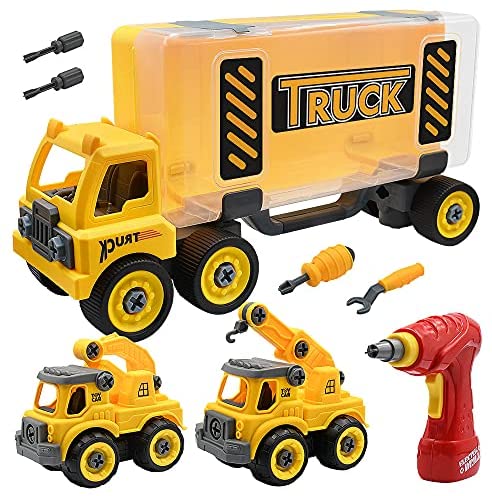 3 Pack Take Apart Toys Truck Set with Electric Drill, Construction Truck Vehicle Toys, Large Truck Box for Display and Storage, Best Educational Toy Gift for Kids Boy 3 Years Old and Up