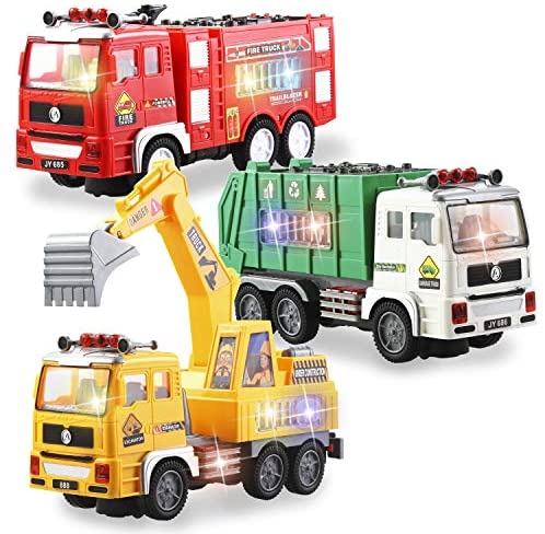 JOYIN 3-in-1 Toy Trucks Set Including Fire Truck, Garbage Truck and Excavator with 4D Stunning Lights and Sounds Automatic Bump & Go Toy Vehicles for Kids