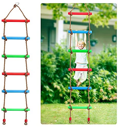 X XBEN 6.8FT Rainbow Rope Ladder for Kids, Climbing Hanging Ladder for Tree House, Swing Set, A Great Addition to Your Backyard Ninja Slackline Obstacle Course