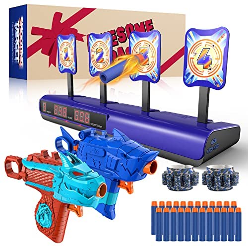 Electronic Shooting Target with 2 Foam Blaster Toy, Scoring Auto Reset Digital Targets for Nerf Blaster Toys with 24 Refill Darts & 2 Dart Bands, Ideal Gift Toy for Kids-Boys & Girls