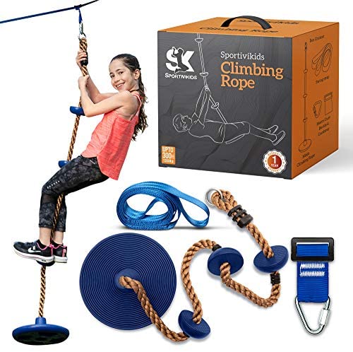 Sportivikids Climbing Rope Tree Swing with Platforms and Disc Swings Seat, Climbing Ladder for Treehouse, Bonus Hanging Carabiner and Tree Strap , Fun Kids Outdoor Playground Accessories, Gift Box