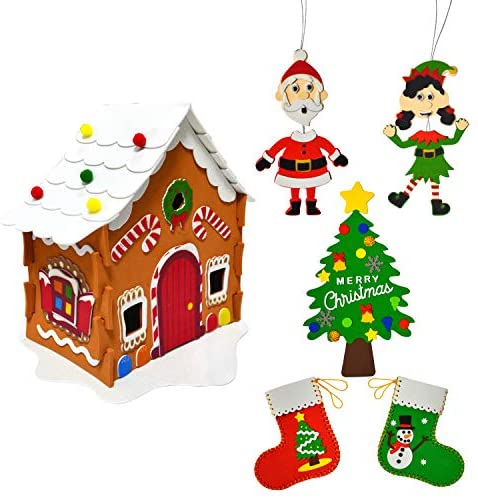 JOYIN Christmas Art and Craft Kit DIY with 3D Gingerbread House, Christmas Tree Door Sign, Foam Stocking Kit, Two Characters Decors Kids Boys & Girls Activities Project Set