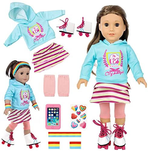 Tranaiquillity American 18 Inch Girl Doll Sport Clothes and Accessories - 18 Inch Doll Clothes Hoodie Set Roller Skates and Other American Doll Outdoor Sport Stuff