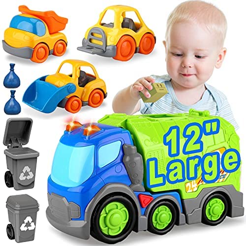 Car Toys for Toddlers, Big Garbage Truck for 1 2 3 4 5 Years Old Boys and Girls, Trash Truck with 2 Garbage Cans, Small Bulldozer Forklift Dump Truck Set, Vehicles Playset for Christmas Birthday Gift