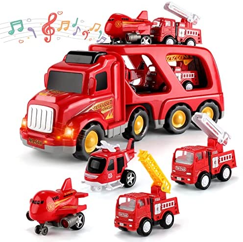 5 in 1 Friction Power Fire Toys Car Carrier Vehicle Toys for 1 2 3 4 5 6 Year Old Boys, Kids Toys Truck for Toddler Boys Girls, Christmas Birthday Gifts for Kids Age 3 4 5 6