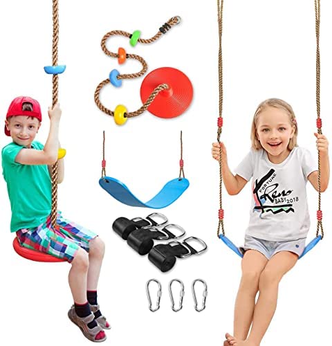 SUNCITY Swing Set 2 Pack Swings Seats Tree Climbing Rope Swing Multicolor with Platforms, Outdoor Toys for Kids Ages 3+, Outside Playground Backyard Swingset Accessories with 5Ft Strap and Snap Hook