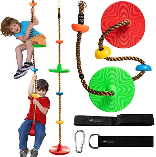Tree Climbing Rope swing with 2 Disc Swings Seats and Platforms, Playground Swingset Accessories Outdoor for Kids, Tree House Tire Saucer Swing Backyard Toys, Including Bonus Hanging Strap & Carabiner