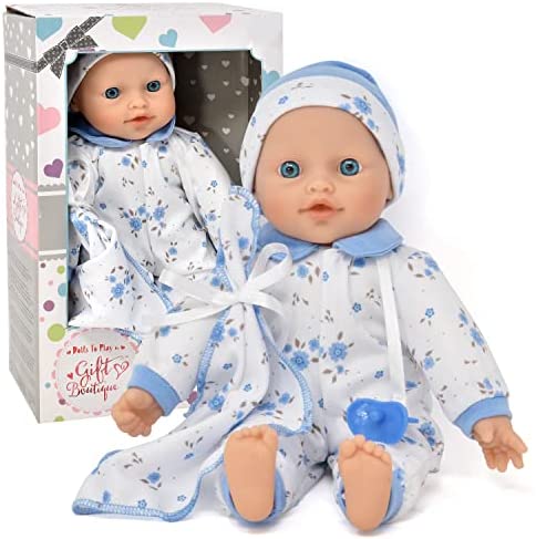 12 Inch Soft Body Baby Boy Doll in Gift Box, Baby Doll with Pacifier, Blanket and Blue Floral Clothes