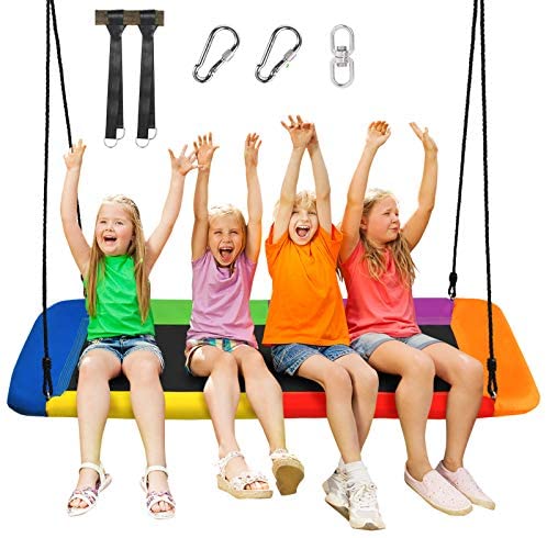 Costzon 700lb Giant 60'' Platform Saucer Tree Swing Set for Kids and Adult, Wear- Resistant Indoor/Outdoor Rectangle Swing w/ Durable Steel Frame and 2 Hanging Straps for Porch, Backyard (Rainbow)