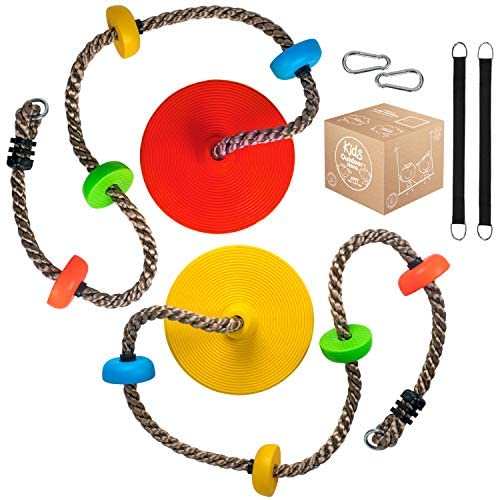 Kids Outdoor Store Tree Climbing Rope with Disc Seat, Pack Of 2 Outdoor Swing Set for Kids, Backyard Playground Accessories with Hanging Strap and Carabiner for Outside Play and Activities