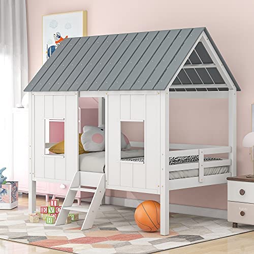 Merax Low Loft Wood House Bed with Roof and Two Front Windows for Teens, Girls & Boys, Twin, White