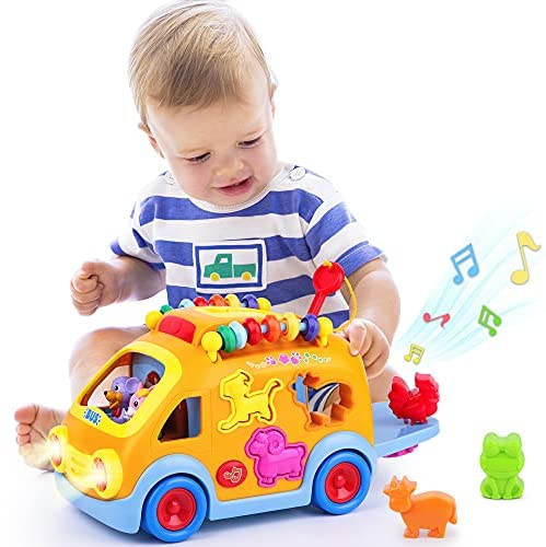 iPlay, iLearn Toddler Music Bus Toys, Baby Musical Busy Learning Toy W/ Animal Matching, Gear, Key, Infant Electronic Car W/ Light Sound, Birthday Gifts for 12 18 Month, 1 2 3 Year Old Kid Boy Girl