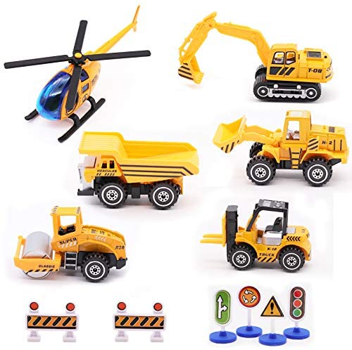 Engineering Vehicle Toys Set Alloy Construction Big Forklift,Single Drum Roller,Stacker/Crane,Helicopter,Excavator,Heavy Duty Truck Mini Toy Set for Kids Boys Girl