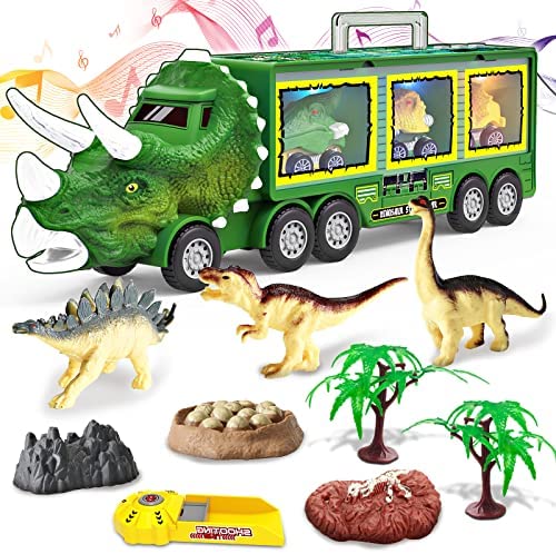 Dinosaur Toys for Kids 3-5, Dinosaur Toys Truck Carrier with Light Music and Roaring Sound, 14 Dinosaur Toys Playset Including 3 Pull Back Dinosaur Cars, Dinosaur Trucks for Toddler Age 3-7 Years Old