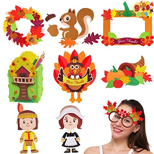 JOYIN Thanksgiving Foam Craft Kit DIY Includes Turkey Door Sign, 3D Tree House Pen Holder, Fall Maple Leaf, Photo Frame, Foam Glasses and Cornucopia Kids Thanksgiving Party Favor Activities