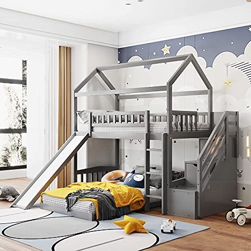 House Bunk Bed with Slide, Wood Twin Over Twin Bunk Bed Frame with Stairs and Roof for Kids, Teens, Girls, Boys (Gray)