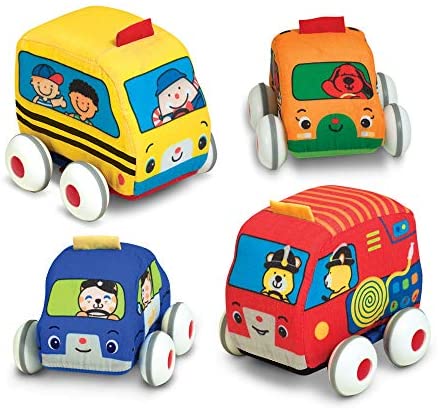 Melissa & Doug K's Kids Pull-Back Vehicle Set - Soft Baby Toy Set With 4 Cars and Trucks and Carrying Case
