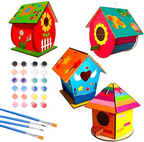Wjiang DIY Bird House Kit, 4 Packs Wooden Doodle Birdhouses Set, Build & Paint Wooden Arts and Painting Craft Toy with Paints & Brushes for Kids Adults Courtyard Tree Outdoor Decoration Creative Gift