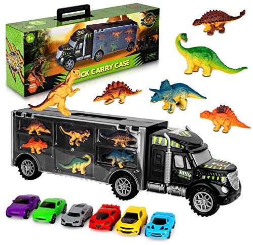 Aokesi Car Toys Transport Carrier Truck Dinosaur Toys for 3-12 Years Old Boys and Girls (Includes 6 Dinosaurs and 6 Mini Car)