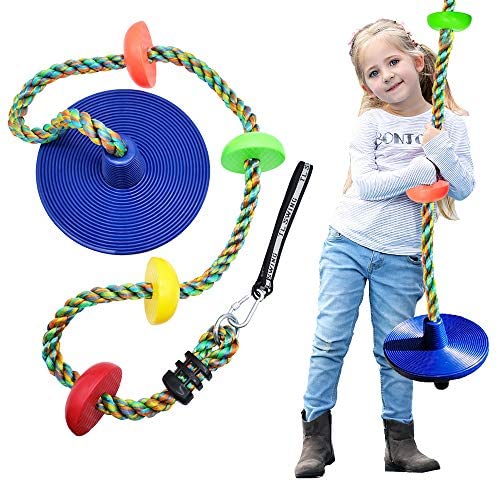 DUENEW Climbing Rope Tree Swing with Multicolor Platforms and Blue Disc Swings Seat Set Outdoor Backyard Playground Playset Accessories for Kids