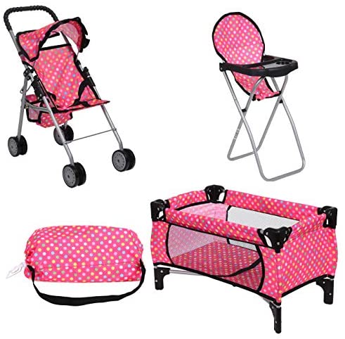 fash n kolor Doll Play Set 3 in 1 Doll Set, 1 Pack N Play. 2 Doll Stroller 3.Doll High Chair. Fits Up to 18'' Doll (Polka DOT)