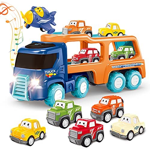 Toys for 1 2 3+ Year Old Boy,7 in 1 Cartoon Vehicles Playset Carrier Car Toy Truck Transport Car with Lights and Melodys,Friction Power Push and Go Toys Car for Toddler Party Birthday