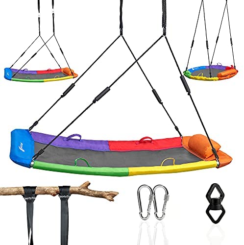 Flying Saucer Tree Swing for Kids and Adults, Giant 850lb Platform Outdoor Swing Set for Backyard Outdoor Indoor Saucer Hammock, Waterproof Durable Steel Frame, Straps, Carabiners, Swivel (Rectangle)