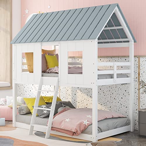 Bunk Bed Twin Over Twin , House Bed for Kids with Roof and Windows,Wood Low House Bunk Beds with Guard Rails , Toddlers Bunk Beds ,White