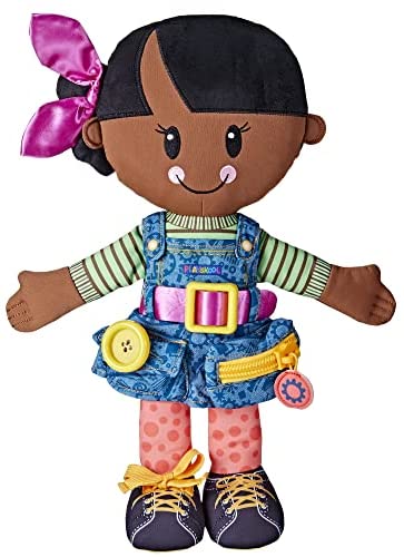 Playskool Dressy Kids Doll with Black Hair and Bow, Activity Plush Toy with Zipper, Shoelace, Button, for Ages 2 and Up (Amazon Exclusive)