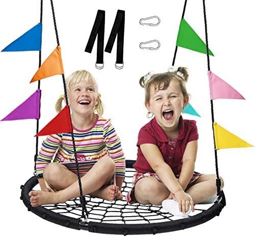 40 Inches Spider Web Tree Swing with 2 Straps & Carabiners for Kids & Adults, Round Disc Saucer Swings for Backyard, Playground & Outdoor, Platform Rope Swing for Tree with 660lbs Weight Capacity