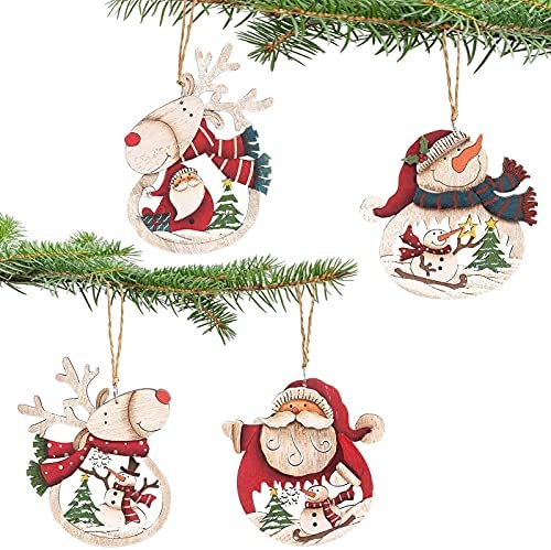 Christmas Ornaments Set for Xmas Tree, Retro Hanging Decorations Including Reideer/Snowman/Santa Claus, for Home, Farmhouse, Party, Birthday, Christmas Decor, Kid's Gifts - Imitation Old, Wooden.